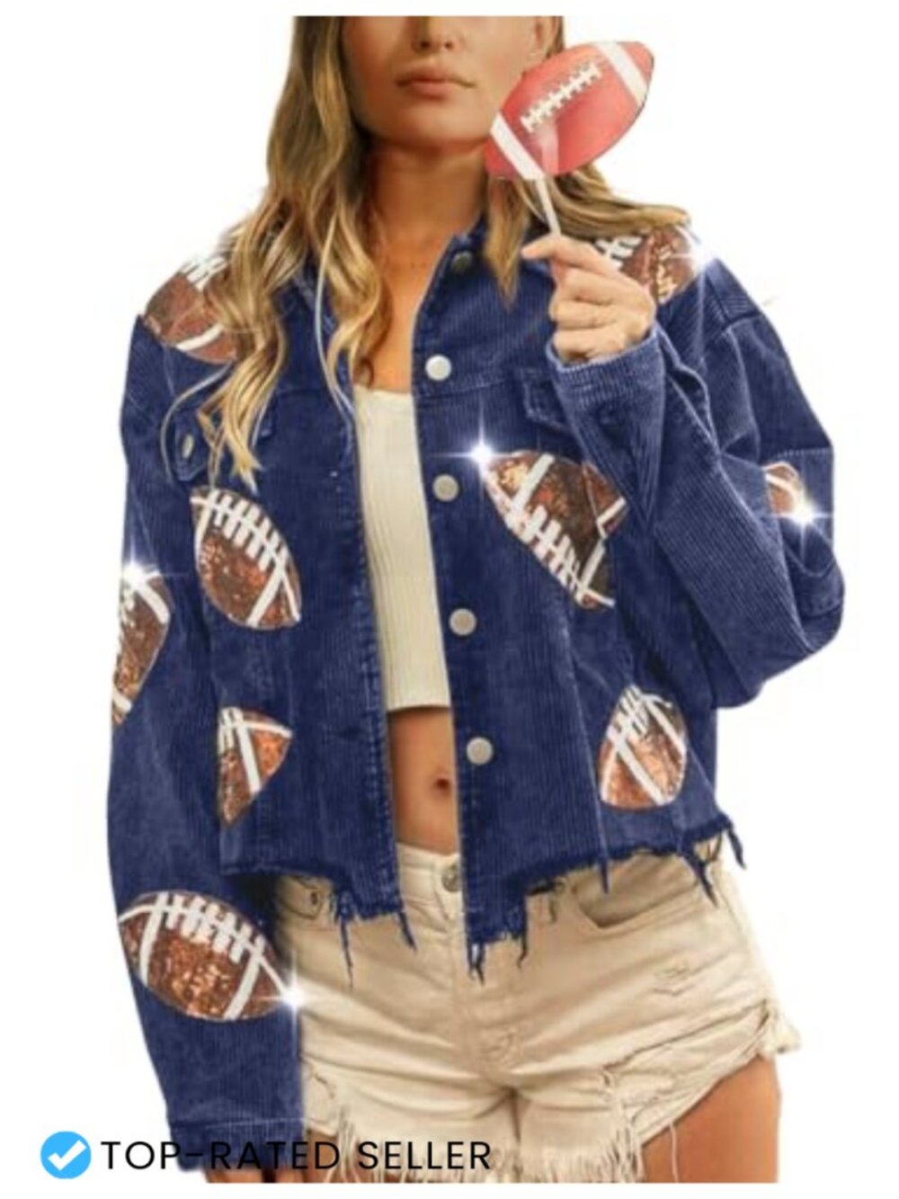 Women Cropped Corduroy Football Jacket Sequin Patched Shacket